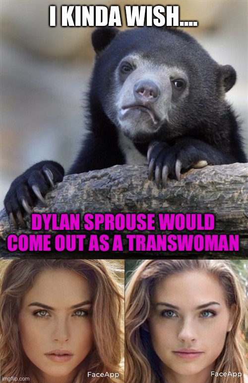 The most beautiful Disney Princess | I KINDA WISH.... DYLAN SPROUSE WOULD COME OUT AS A TRANSWOMAN | image tagged in memes,confession bear,transgender,beautiful,dylan,faceapp | made w/ Imgflip meme maker