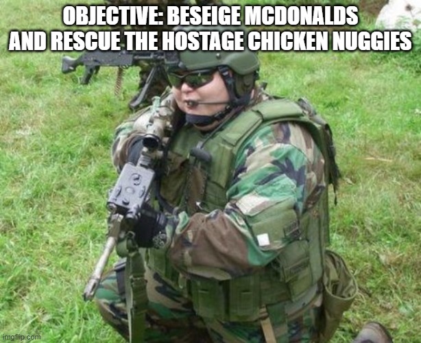 CAPTURE MCDONALDS | OBJECTIVE: BESEIGE MCDONALDS AND RESCUE THE HOSTAGE CHICKEN NUGGIES | image tagged in fat airsoft kid,mcdonalds,airsoft,captain obvious,gifs,batman slapping robin | made w/ Imgflip meme maker