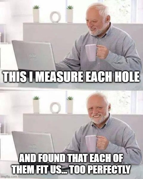 Hide the Pain Harold Meme | THIS I MEASURE EACH HOLE AND FOUND THAT EACH OF THEM FIT US... TOO PERFECTLY | image tagged in memes,hide the pain harold | made w/ Imgflip meme maker