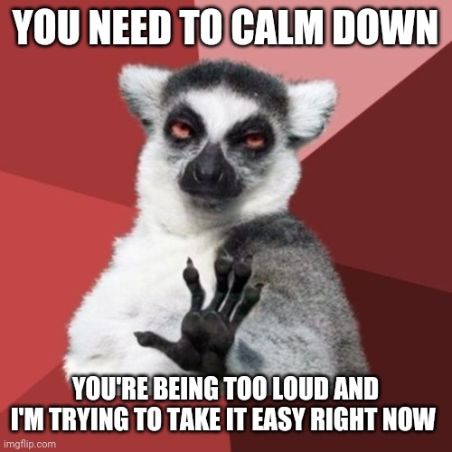 Chill Out Lemur | YOU NEED TO CALM DOWN; YOU'RE BEING TOO LOUD AND I'M TRYING TO TAKE IT EASY RIGHT NOW | image tagged in memes,chill out lemur,calm down | made w/ Imgflip meme maker