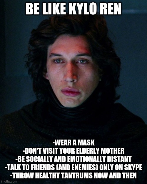 Kylo Ren: Quarantine King | BE LIKE KYLO REN; -WEAR A MASK
-DON'T VISIT YOUR ELDERLY MOTHER
-BE SOCIALLY AND EMOTIONALLY DISTANT
-TALK TO FRIENDS (AND ENEMIES) ONLY ON SKYPE
-THROW HEALTHY TANTRUMS NOW AND THEN | image tagged in kylo ren | made w/ Imgflip meme maker