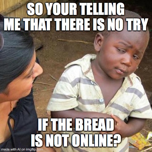 Bread |  SO YOUR TELLING ME THAT THERE IS NO TRY; IF THE BREAD IS NOT ONLINE? | image tagged in memes,third world skeptical kid | made w/ Imgflip meme maker
