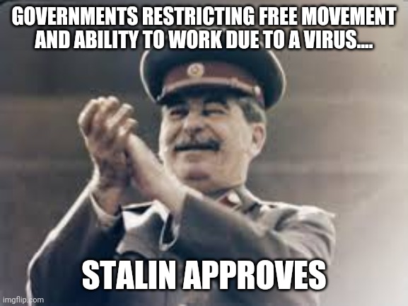 Socialist Corona | GOVERNMENTS RESTRICTING FREE MOVEMENT AND ABILITY TO WORK DUE TO A VIRUS.... STALIN APPROVES | image tagged in coronavirus,socialism,communist socialist,covid-19 | made w/ Imgflip meme maker