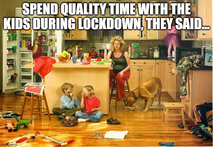 stressed mom | SPEND QUALITY TIME WITH THE KIDS DURING LOCKDOWN, THEY SAID... | image tagged in stressed mom | made w/ Imgflip meme maker
