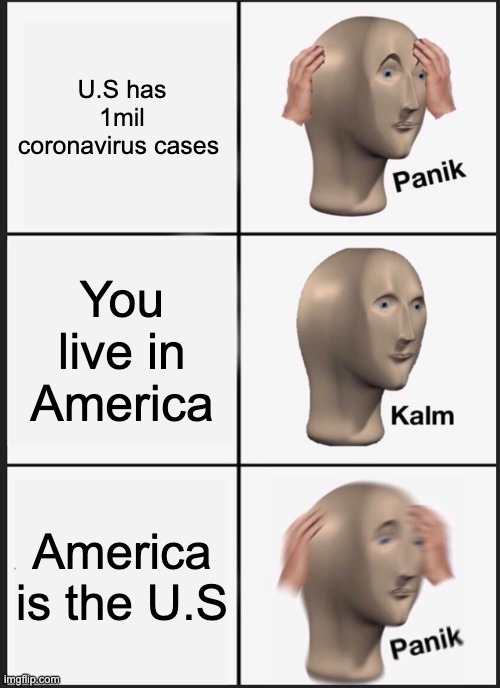 CORONA PANIK | U.S has 1mil coronavirus cases; You live in America; America is the U.S | image tagged in memes,panik kalm panik,corona panik | made w/ Imgflip meme maker