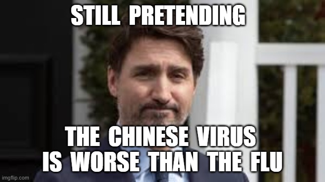 STILL  PRETENDING; THE  CHINESE  VIRUS  IS  WORSE  THAN  THE  FLU | image tagged in justin trudeau,coronavirus,covid-19,chinese virus,hoax | made w/ Imgflip meme maker