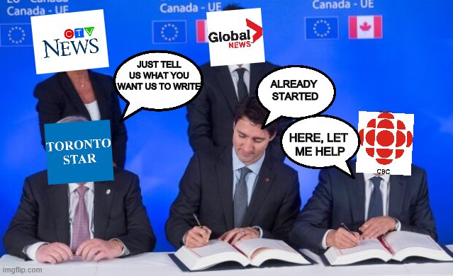 Canadian Press | JUST TELL US WHAT YOU WANT US TO WRITE; ALREADY 
STARTED; HERE, LET 
ME HELP | image tagged in justin trudeau,hypocrisy,bribery | made w/ Imgflip meme maker