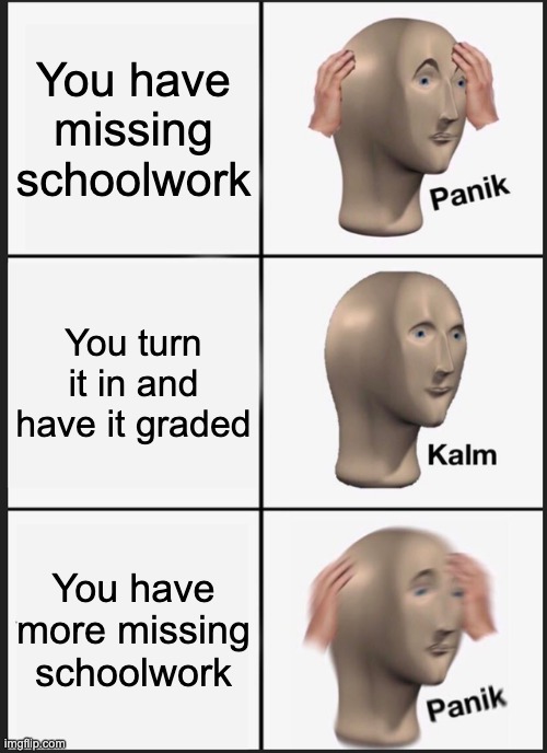 Welcome to virtual school | You have missing schoolwork; You turn it in and have it graded; You have more missing schoolwork | image tagged in memes,panik kalm panik | made w/ Imgflip meme maker