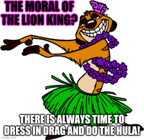 THE MORAL OF THE LION KING? THERE IS ALWAYS TIME TO DRESS IN DRAG AND DO THE HULA! | image tagged in lion king | made w/ Imgflip meme maker