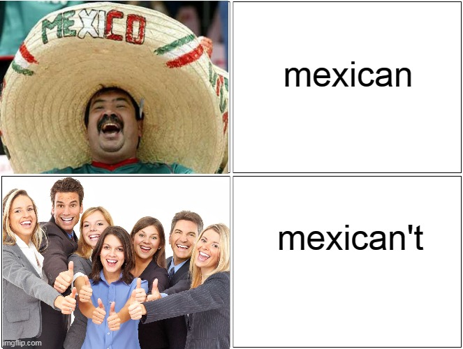 Blank Comic Panel 2x2 Meme | mexican; mexican't | image tagged in memes,blank comic panel 2x2 | made w/ Imgflip meme maker