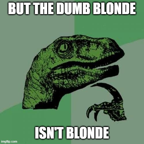 Philosoraptor Meme | BUT THE DUMB BLONDE ISN'T BLONDE | image tagged in memes,philosoraptor | made w/ Imgflip meme maker