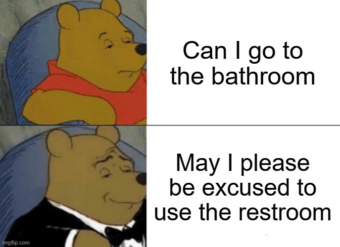 Tuxedo Winnie The Pooh | Can I go to the bathroom; May I please be excused to use the restroom | image tagged in memes,tuxedo winnie the pooh | made w/ Imgflip meme maker