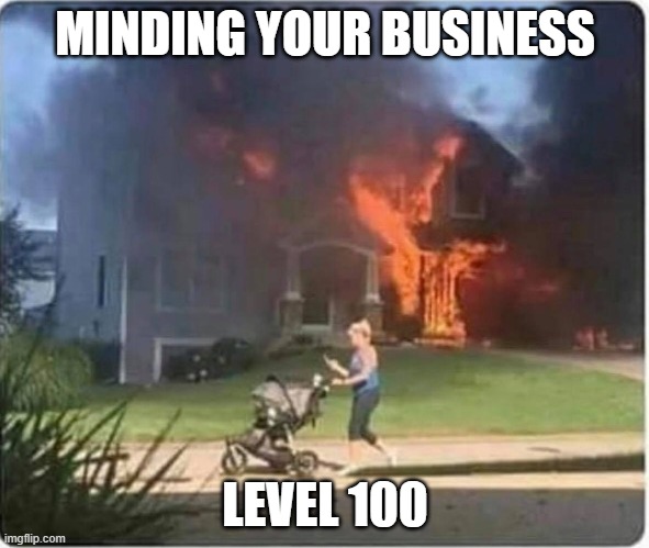MINDING YOUR BUSINESS; LEVEL 100 | image tagged in funny,fire,funny memes | made w/ Imgflip meme maker