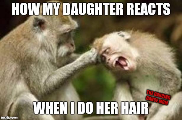 Doing my Daughter's Hair | THE DANCING DANCE MOM | image tagged in monkey,hair,moms,mom and daughter,pull hair,hairstyle | made w/ Imgflip meme maker