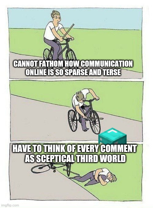 At Least Now I Know | CANNOT FATHOM HOW COMMUNICATION ONLINE IS SO SPARSE AND TERSE; HAVE TO THINK OF EVERY COMMENT 
AS SCEPTICAL THIRD WORLD | image tagged in bike fall,communication,psychology,heuristic,sceptical third world kid,green blue thing in road | made w/ Imgflip meme maker