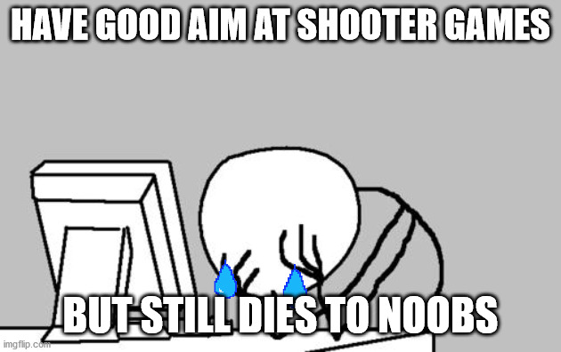 Computer Guy Facepalm Meme | HAVE GOOD AIM AT SHOOTER GAMES; BUT STILL DIES TO NOOBS | image tagged in memes,computer guy facepalm | made w/ Imgflip meme maker