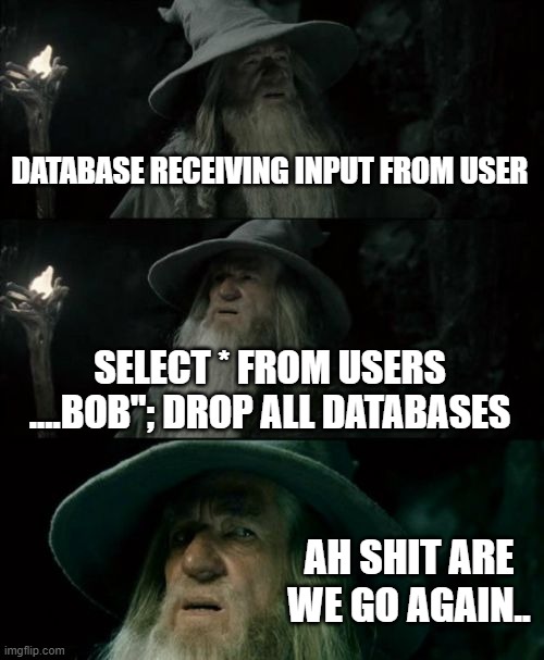 Confused Gandalf Meme | DATABASE RECEIVING INPUT FROM USER; SELECT * FROM USERS ....BOB"; DROP ALL DATABASES; AH SHIT ARE WE GO AGAIN.. | image tagged in memes,confused gandalf | made w/ Imgflip meme maker