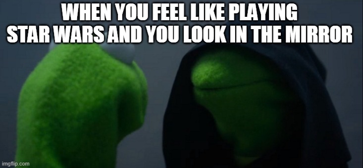 Evil Kermit | WHEN YOU FEEL LIKE PLAYING STAR WARS AND YOU LOOK IN THE MIRROR | image tagged in memes,evil kermit | made w/ Imgflip meme maker