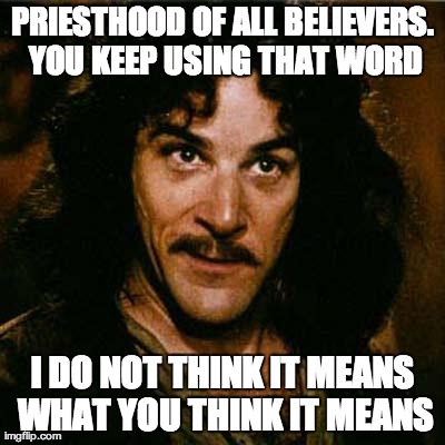 Inigo Montoya Meme | PRIESTHOOD OF ALL BELIEVERS. YOU KEEP USING THAT WORD I DO NOT THINK IT MEANS WHAT YOU THINK IT MEANS | image tagged in inigo montoya | made w/ Imgflip meme maker