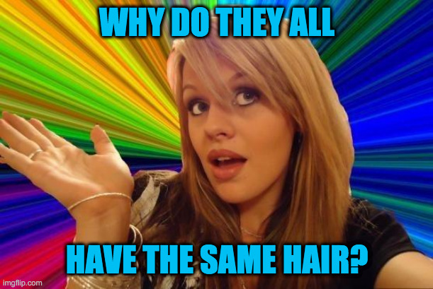 Dumb Blonde Meme | WHY DO THEY ALL HAVE THE SAME HAIR? | image tagged in memes,dumb blonde | made w/ Imgflip meme maker