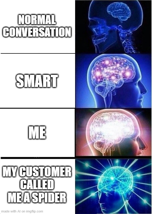 Whut? | NORMAL CONVERSATION; SMART; ME; MY CUSTOMER CALLED ME A SPIDER | image tagged in memes,expanding brain | made w/ Imgflip meme maker