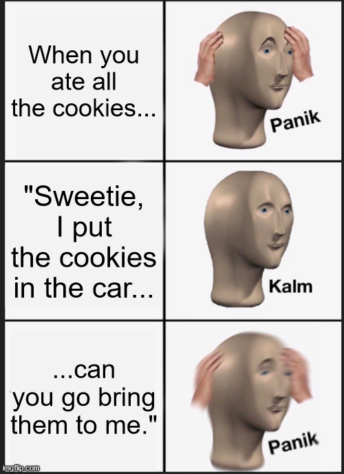 When this happens | When you ate all the cookies... "Sweetie, I put the cookies in the car... ...can you go bring them to me." | image tagged in memes,panik kalm panik | made w/ Imgflip meme maker