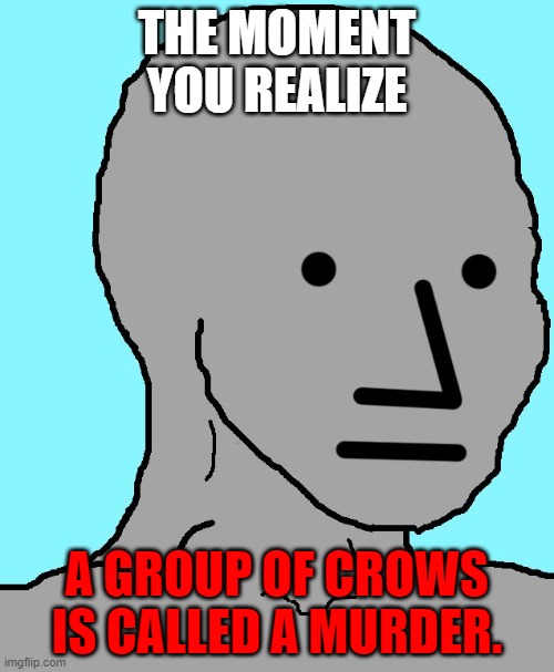 Crows |  THE MOMENT YOU REALIZE; A GROUP OF CROWS IS CALLED A MURDER. | image tagged in memes,npc | made w/ Imgflip meme maker