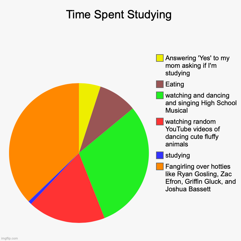 Time Spent Studying | Fangirling over hotties like Ryan Gosling, Zac Efron, Griffin Gluck, and Joshua Bassett, studying, watching random You | image tagged in charts,pie charts | made w/ Imgflip chart maker