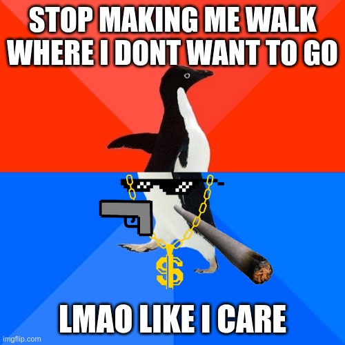 Wut Is going on here? | STOP MAKING ME WALK WHERE I DONT WANT TO GO; LMAO LIKE I CARE | image tagged in memes,socially awesome awkward penguin | made w/ Imgflip meme maker