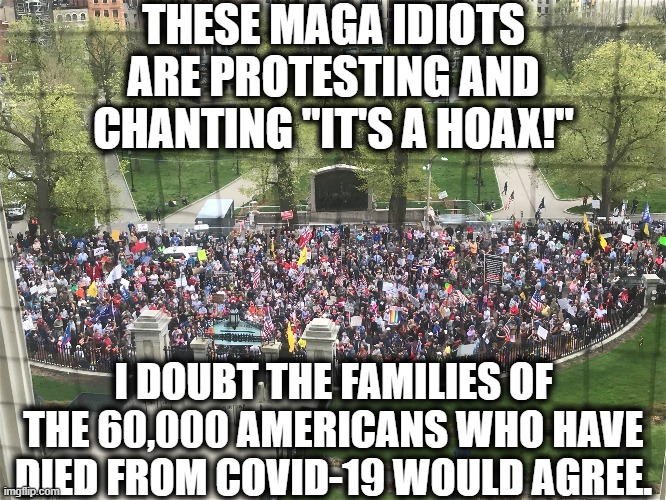 There's stupid, then there's this. | THESE MAGA IDIOTS ARE PROTESTING AND CHANTING "IT'S A HOAX!"; I DOUBT THE FAMILIES OF THE 60,000 AMERICANS WHO HAVE DIED FROM COVID-19 WOULD AGREE. | image tagged in maga,trump supporters,covid-19,coronavirus,donald trump,protesters | made w/ Imgflip meme maker