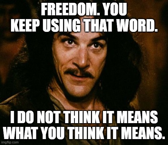 Freedom | FREEDOM. YOU KEEP USING THAT WORD. I DO NOT THINK IT MEANS WHAT YOU THINK IT MEANS. | image tagged in you keep using that word | made w/ Imgflip meme maker