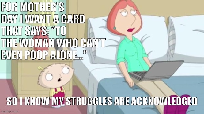 Mothers day |  FOR MOTHER’S DAY I WANT A CARD THAT SAYS; “TO THE WOMAN WHO CAN’T EVEN POOP ALONE...”; SO I KNOW MY STRUGGLES ARE ACKNOWLEDGED | image tagged in stewie mom | made w/ Imgflip meme maker