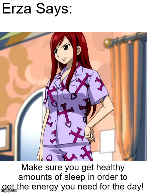 Erza Says: | Erza Says:; Make sure you get healthy amounts of sleep in order to get the energy you need for the day! | image tagged in fairy tail | made w/ Imgflip meme maker