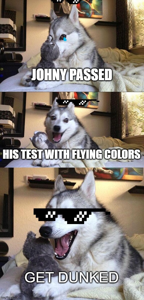 Bad Pun Dog | JOHNY PASSED; HIS TEST WITH FLYING COLORS; GET DUNKED | image tagged in memes,bad pun dog | made w/ Imgflip meme maker