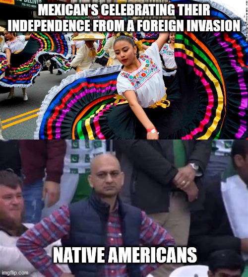 Cinco de Mayo | MEXICAN'S CELEBRATING THEIR INDEPENDENCE FROM A FOREIGN INVASION; NATIVE AMERICANS | image tagged in memes,cinco de mayo,funny memes | made w/ Imgflip meme maker