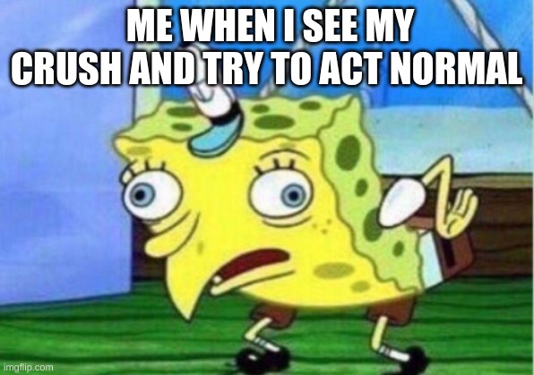 what | ME WHEN I SEE MY CRUSH AND TRY TO ACT NORMAL | image tagged in memes,mocking spongebob | made w/ Imgflip meme maker