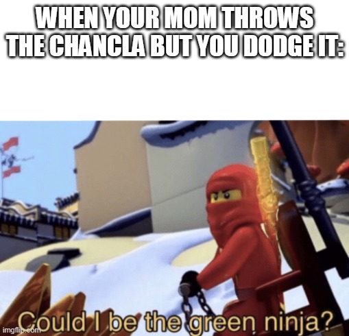 Could I Be The Green Ninja? | WHEN YOUR MOM THROWS THE CHANCLA BUT YOU DODGE IT: | image tagged in could i be the green ninja | made w/ Imgflip meme maker