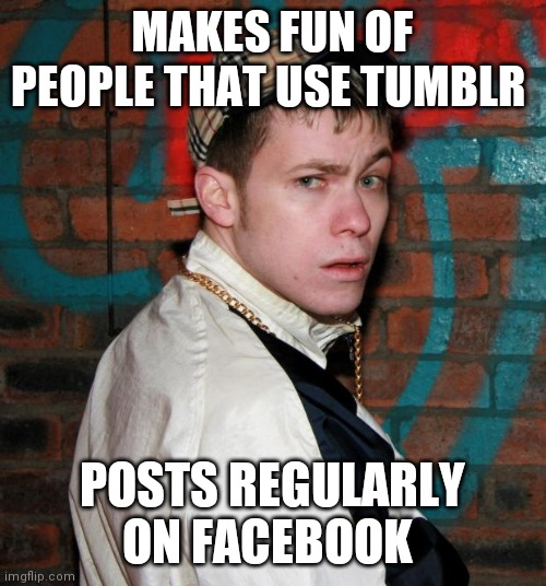 Chavbook | MAKES FUN OF PEOPLE THAT USE TUMBLR; POSTS REGULARLY ON FACEBOOK | image tagged in chav,memes,tumblr,facebook | made w/ Imgflip meme maker