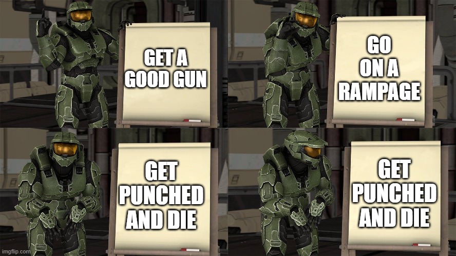Chief's big plan | GO ON A RAMPAGE; GET A GOOD GUN; GET PUNCHED AND DIE; GET PUNCHED AND DIE | image tagged in master chief's plan-despicable me halo | made w/ Imgflip meme maker