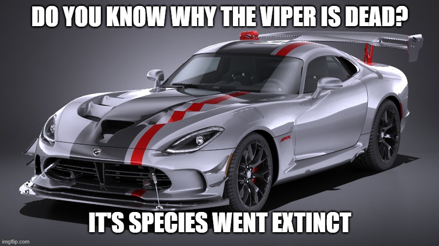 Dodge Viper memes | DO YOU KNOW WHY THE VIPER IS DEAD? IT'S SPECIES WENT EXTINCT | image tagged in car memes | made w/ Imgflip meme maker