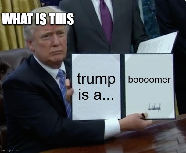 Trump Bill Signing | WHAT IS THIS; trump is a... boooomer | image tagged in memes,trump bill signing | made w/ Imgflip meme maker