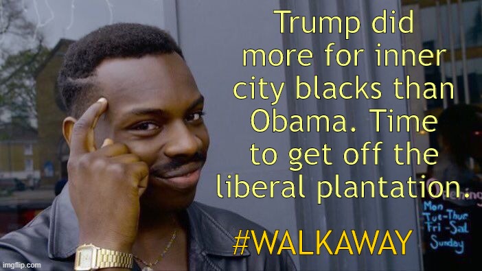 Time for minorities to stop being played by Democrats | Trump did more for inner city blacks than Obama. Time to get off the liberal plantation. #WALKAWAY | image tagged in memes,roll safe think about it | made w/ Imgflip meme maker