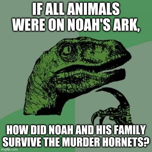 Philosoraptor Meme | IF ALL ANIMALS WERE ON NOAH'S ARK, HOW DID NOAH AND HIS FAMILY SURVIVE THE MURDER HORNETS? | image tagged in memes,philosoraptor,confused | made w/ Imgflip meme maker