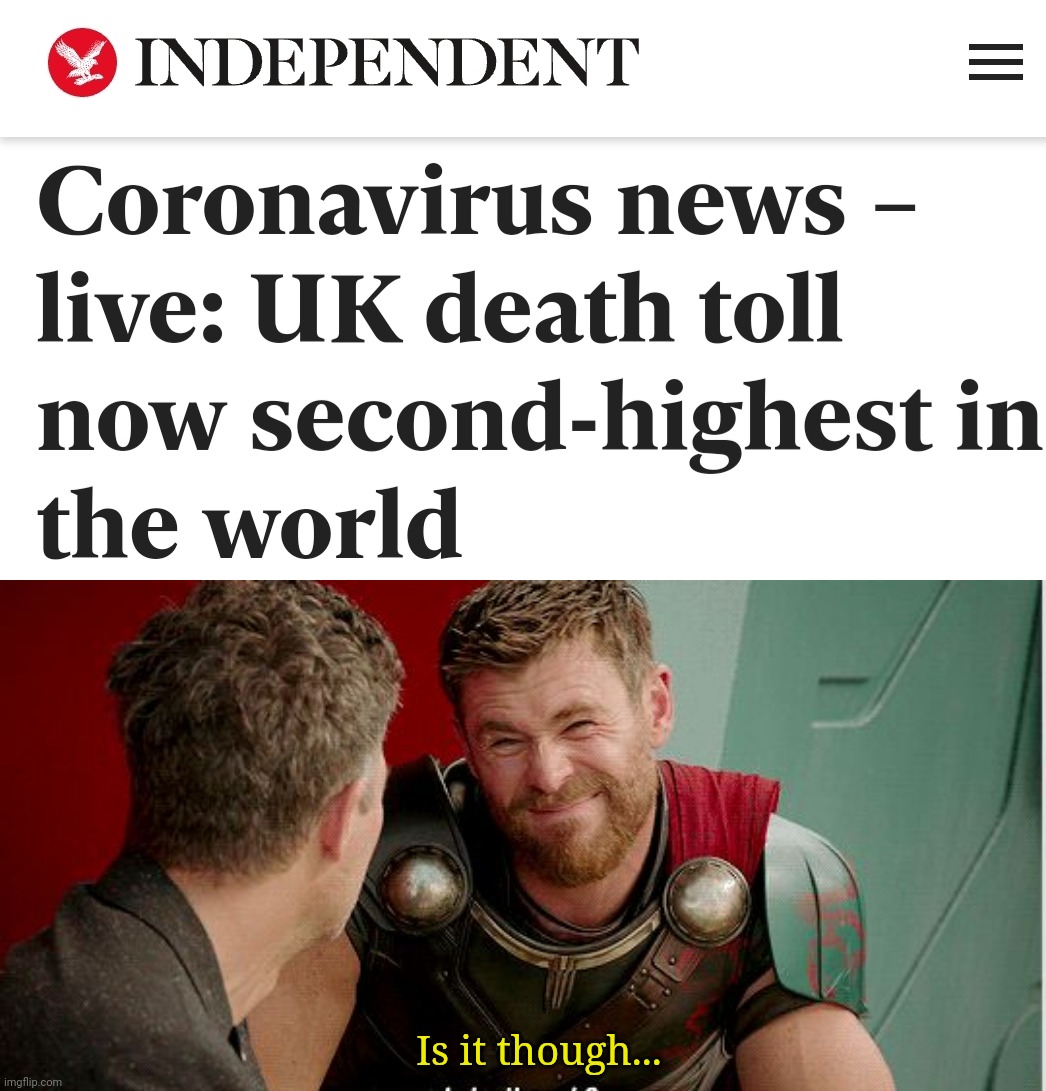That guy that got hit by a train died of coronavirus. The government said so. |  Is it though... | image tagged in thor is he though,coronavirus | made w/ Imgflip meme maker