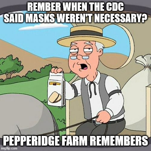 You don't need to wear a mask. | REMBER WHEN THE CDC SAID MASKS WEREN'T NECESSARY? PEPPERIDGE FARM REMEMBERS | image tagged in memes,pepperidge farm remembers | made w/ Imgflip meme maker