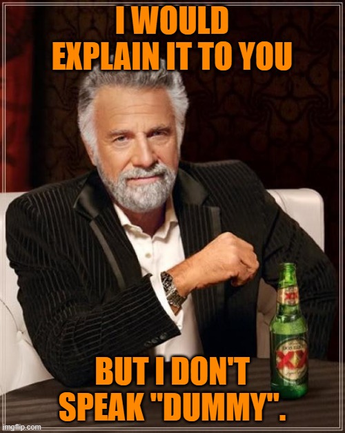 The Most Interesting Man In The World Meme | I WOULD EXPLAIN IT TO YOU BUT I DON'T SPEAK "DUMMY". | image tagged in memes,the most interesting man in the world | made w/ Imgflip meme maker