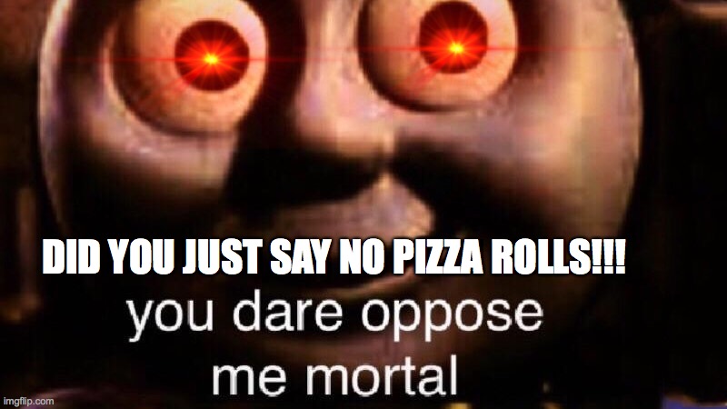 You dare oppose me mortal | DID YOU JUST SAY NO PIZZA ROLLS!!! | image tagged in you dare oppose me mortal | made w/ Imgflip meme maker
