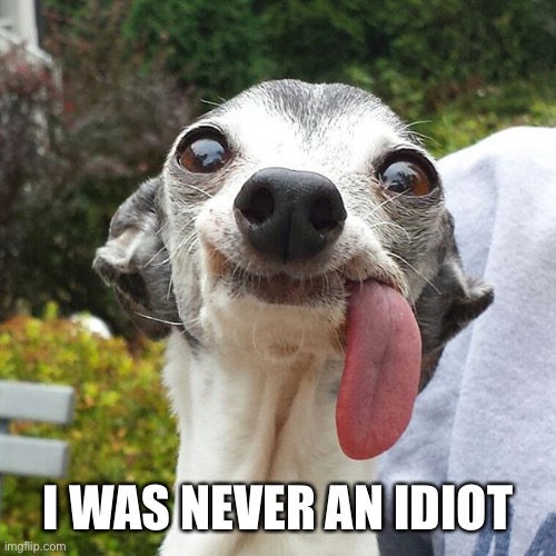 Dog tongue | I WAS NEVER AN IDIOT | image tagged in dog tongue | made w/ Imgflip meme maker