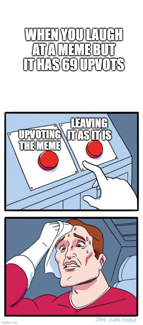 a hard choice | WHEN YOU LAUGH AT A MEME BUT IT HAS 69 UPVOTS; LEAVING IT AS IT IS; UPVOTING THE MEME | image tagged in blank white template,memes,two buttons | made w/ Imgflip meme maker