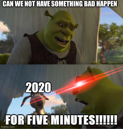 help me | CAN WE NOT HAVE SOMETHING BAD HAPPEN; 2020; FOR FIVE MINUTES!!!!!! | image tagged in shrek for five minutes | made w/ Imgflip meme maker